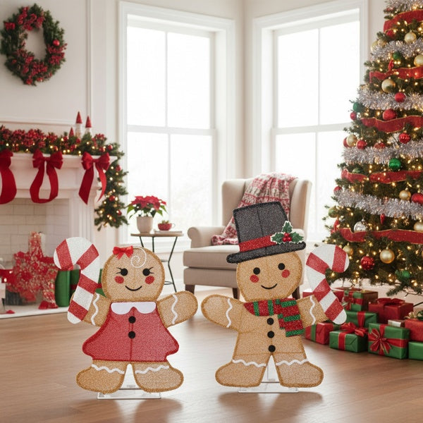 "Holiday Cheer Duo – Lighted Gingerbread Man & Candy Cane with 80 Warm LEDs"
