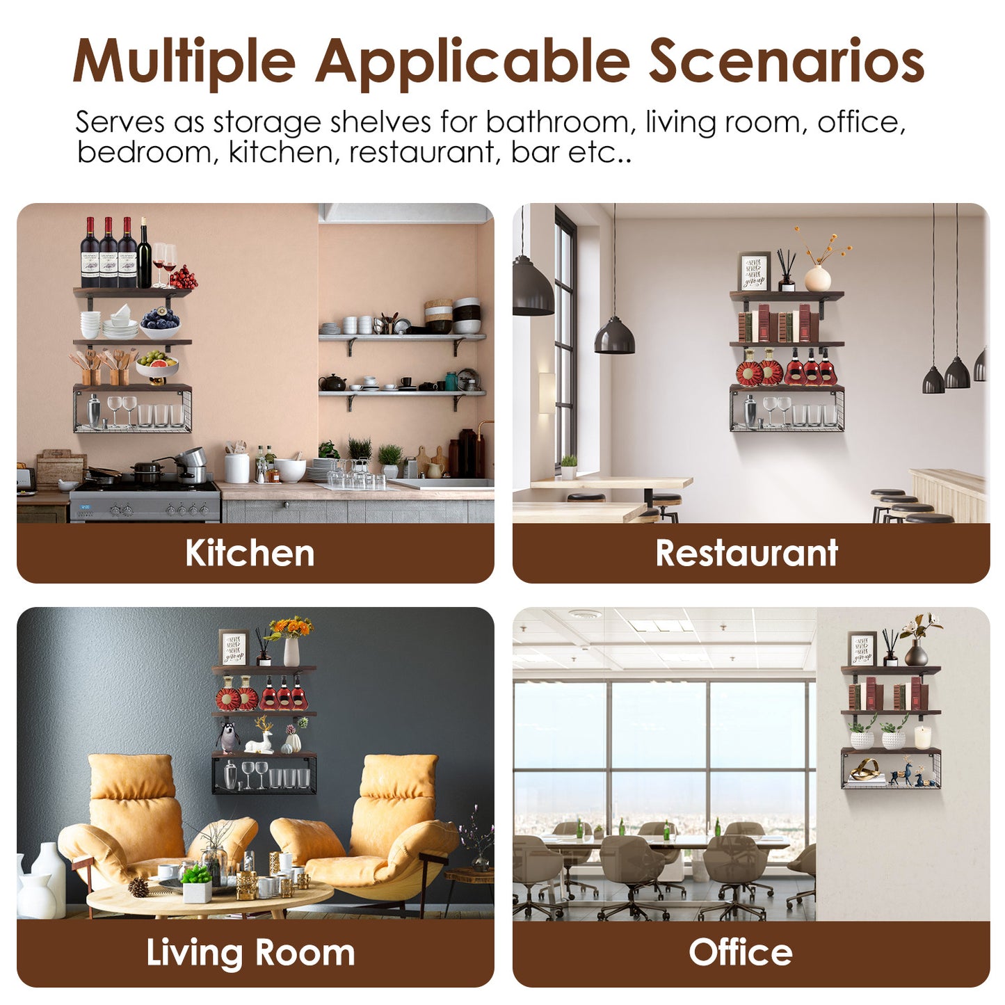 2-in-1 Floating Wall Shelves with Storage Basket – Wooden Shelves for Bathroom, Bedroom, Kitchen, Office & Plants