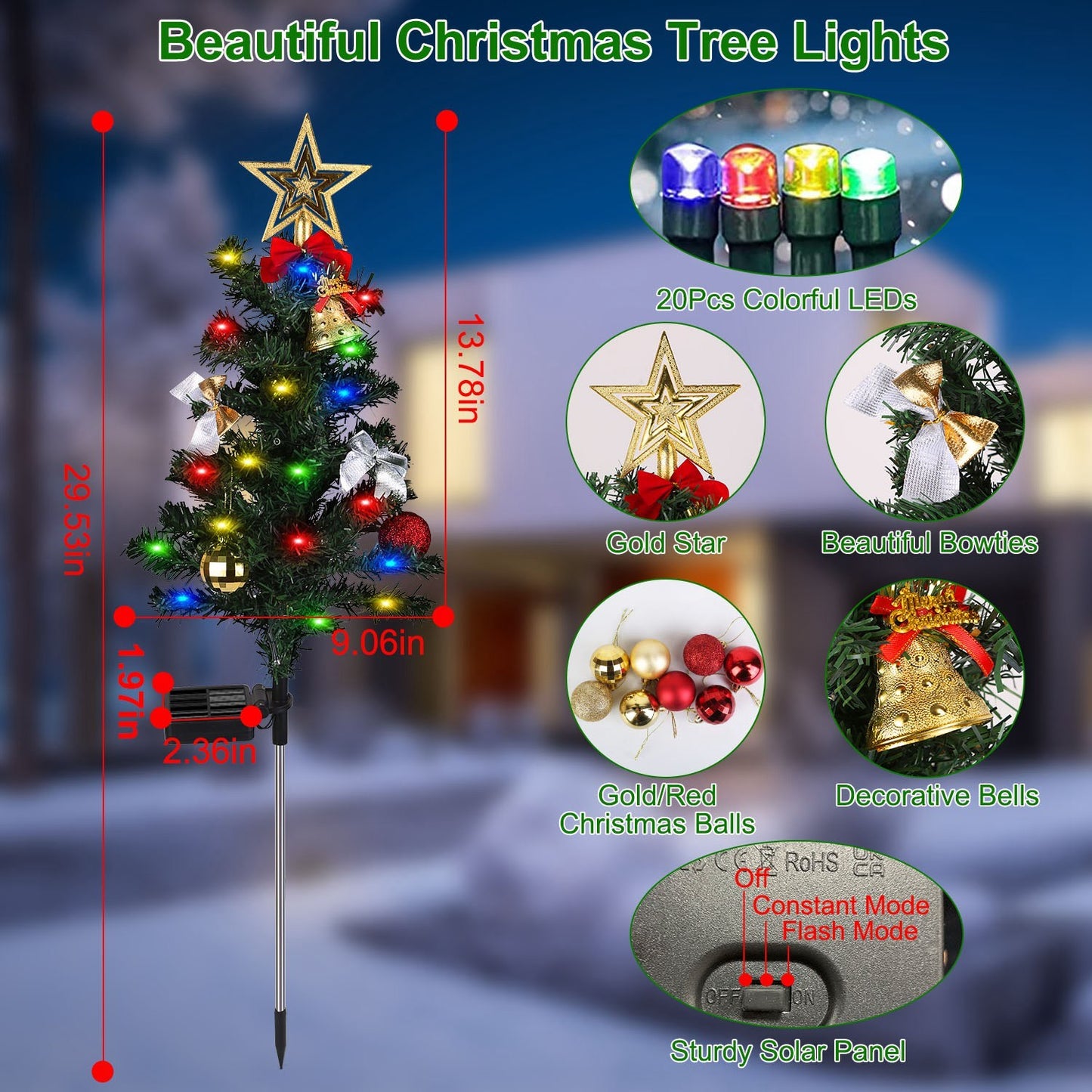4Packs Solar Christmas Tree Lights – 20LEDs Garden Stake Lamps with Constant & Flashing Modes