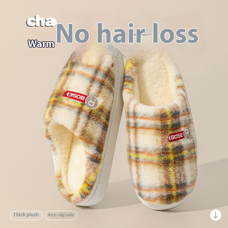 Women’s Plush Warm Non‑Slip Plaid Cotton Slippers