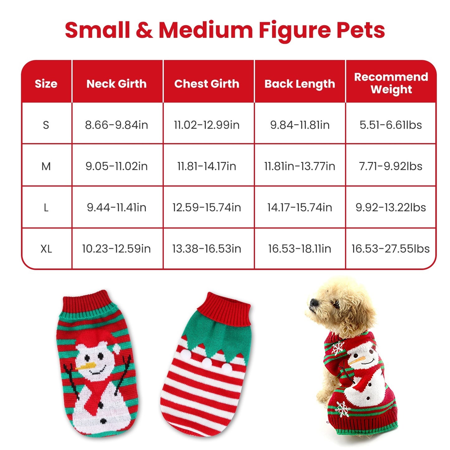 “Pet Christmas Turtleneck Sweater – Snowman & Stripes, 2 Patterns, 4 Sizes”