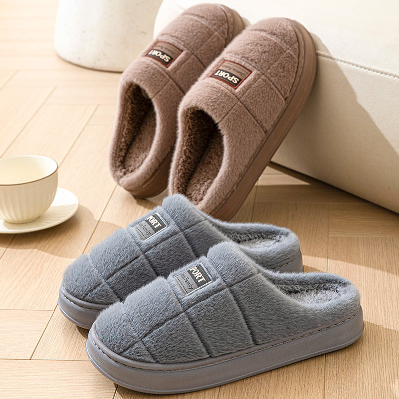 Men’s Plaid Cotton Slippers – Winter Warm Non‑Slip House Shoes