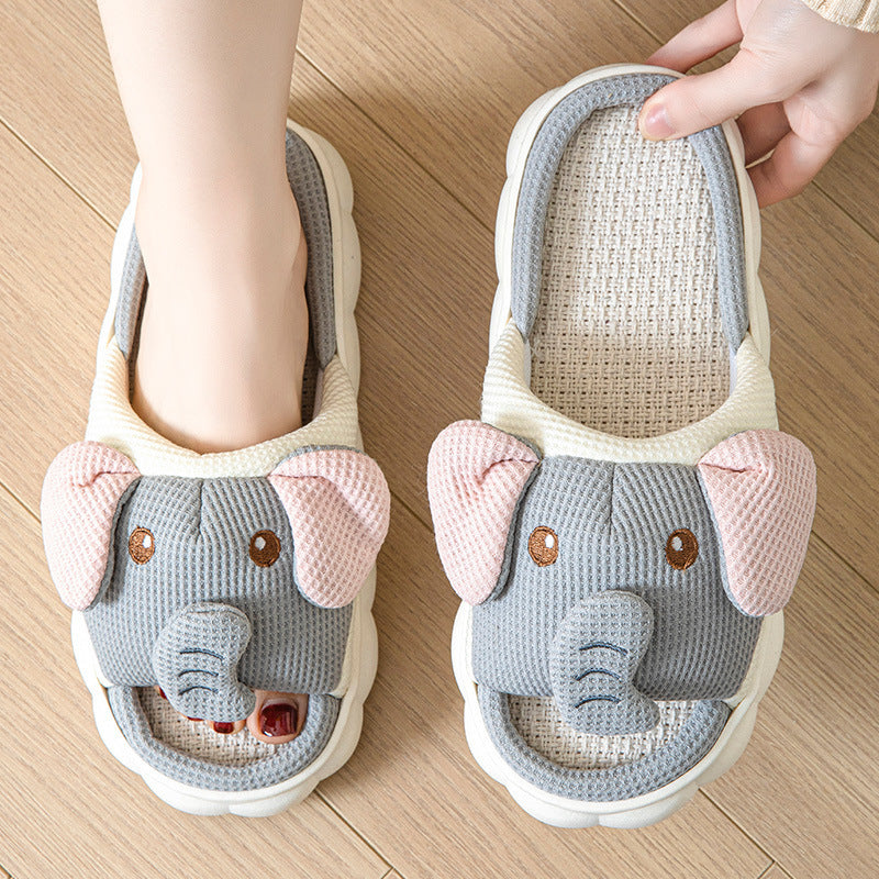 Couples Open Toe Elephant Linen Slippers – Breathable Non‑Slip Indoor Shoes