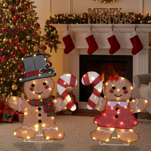 "Holiday Cheer Duo – Lighted Gingerbread Man & Candy Cane with 80 Warm LEDs"