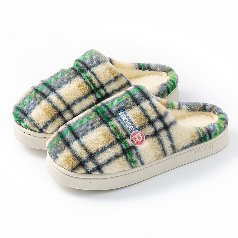 Women’s Plush Warm Non‑Slip Plaid Cotton Slippers