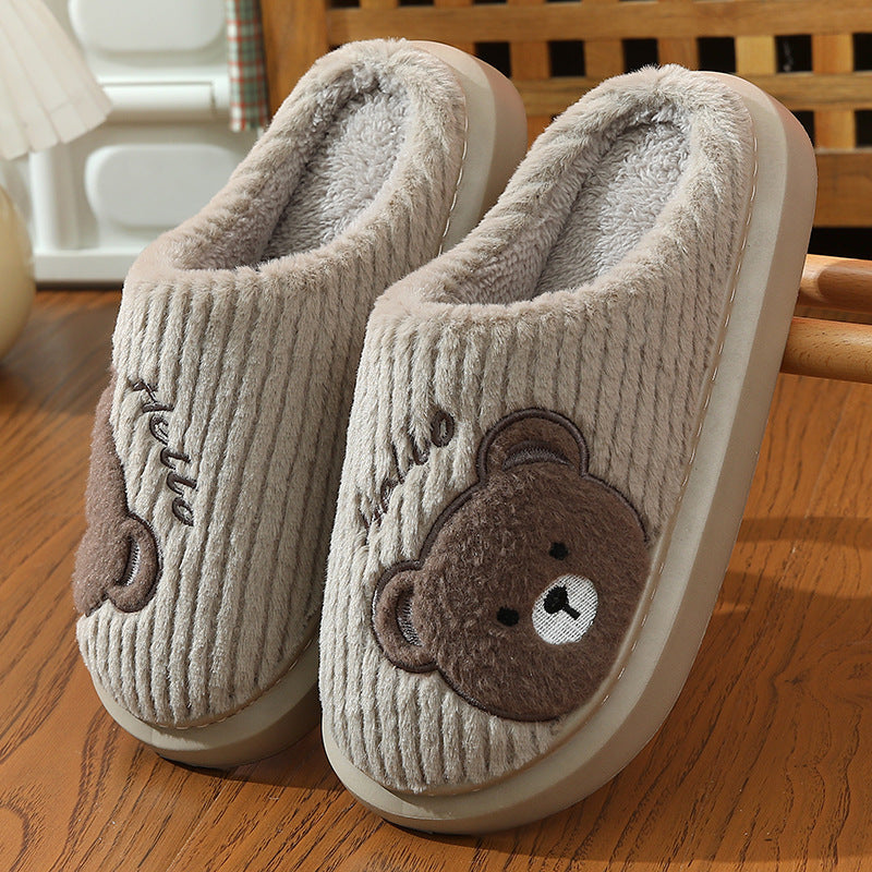 Cartoon Bear Plush Cotton Slippers – EVA Thick‑Soled Indoor Shoes
