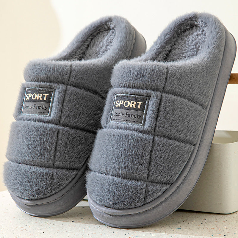 Men’s Plaid Cotton Slippers – Winter Warm Non‑Slip House Shoes