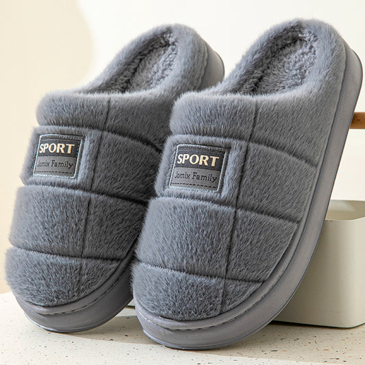 Men’s Plaid Cotton Slippers – Winter Warm Non‑Slip House Shoes