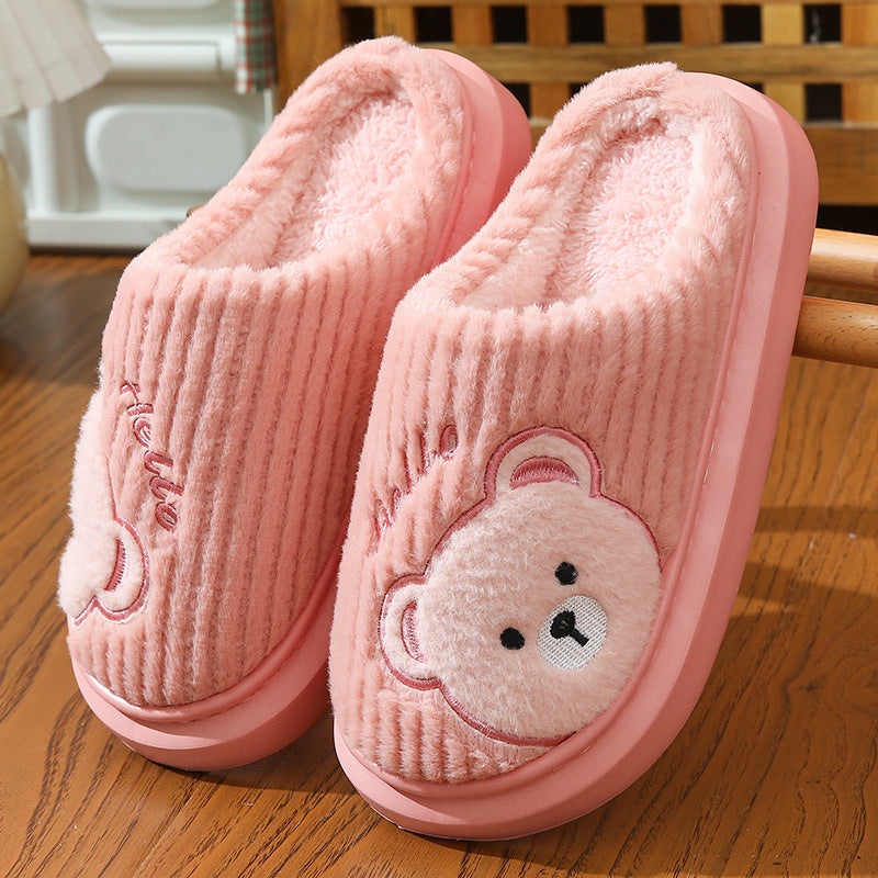 Cartoon Bear Plush Cotton Slippers – EVA Thick‑Soled Indoor Shoes