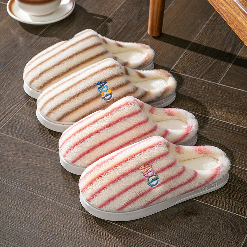 Winter Plush Home Slippers – Solid Color Striped Indoor/Outdoor Shoes