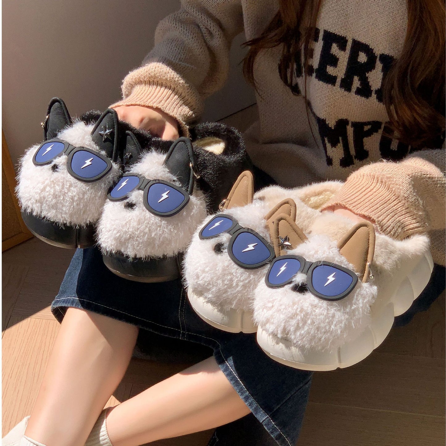 Women’s Thick‑Soled Puppy Cotton Slippers – Non‑Slip Indoor Shoes