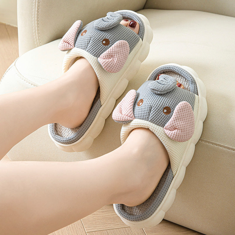 Couples Open Toe Elephant Linen Slippers – Breathable Non‑Slip Indoor Shoes