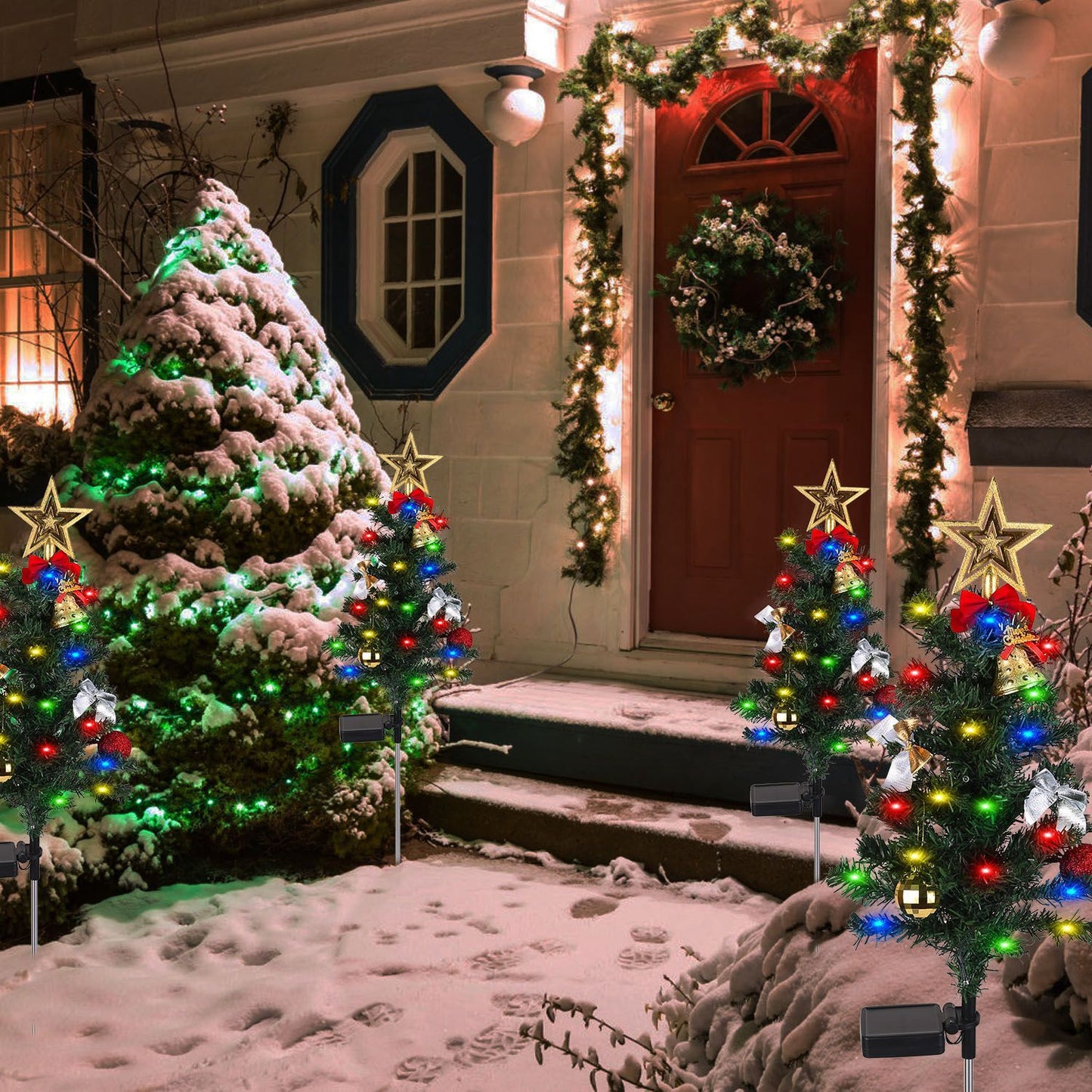 4Packs Solar Christmas Tree Lights – 20LEDs Garden Stake Lamps with Constant & Flashing Modes