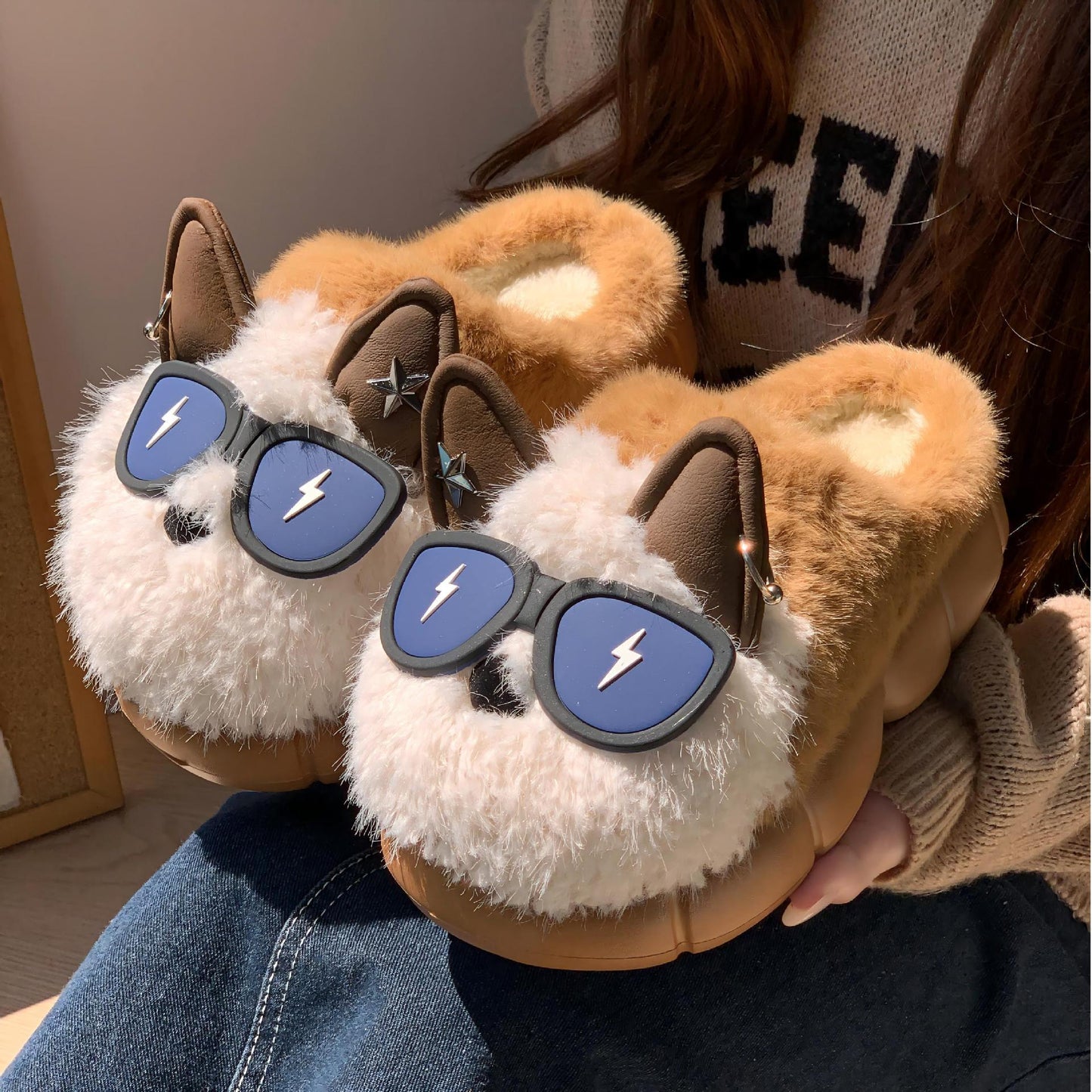 Women’s Thick‑Soled Puppy Cotton Slippers – Non‑Slip Indoor Shoes