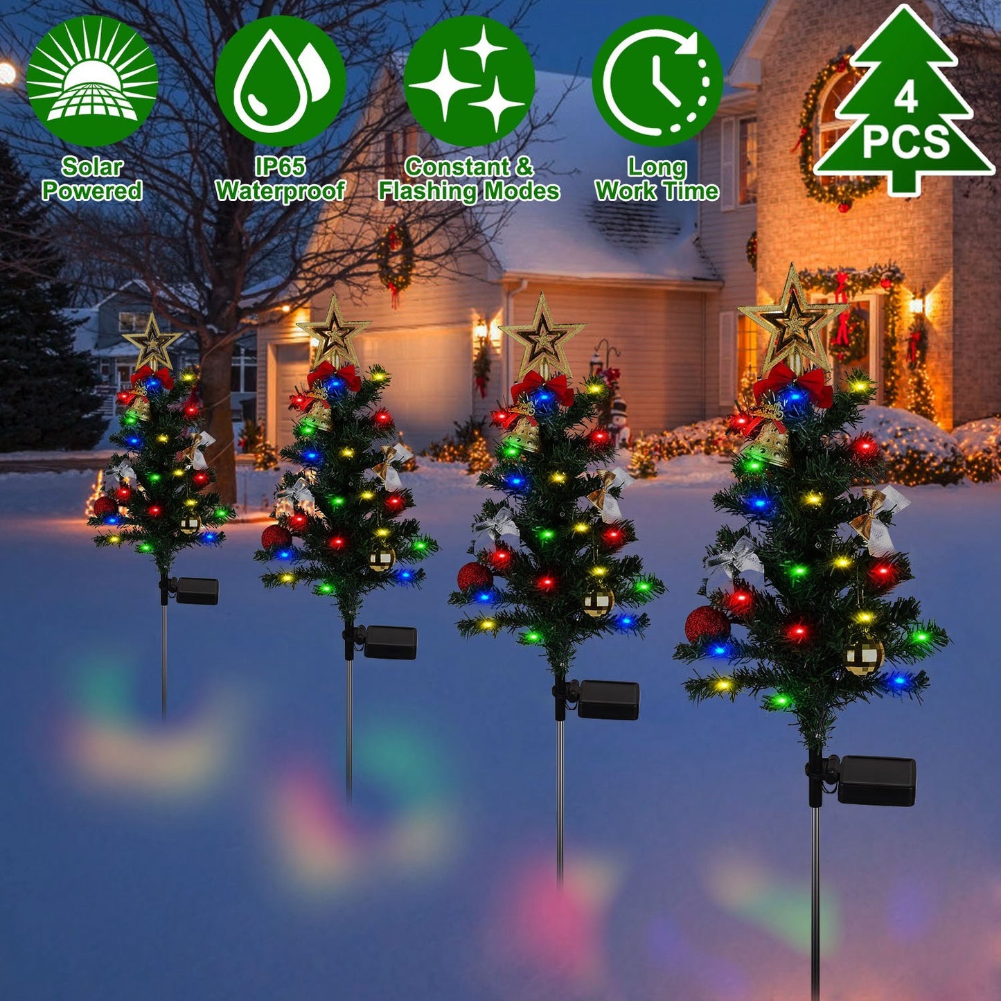 4Packs Solar Christmas Tree Lights – 20LEDs Garden Stake Lamps with Constant & Flashing Modes