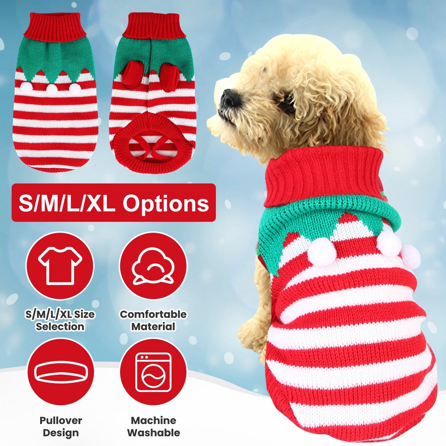 “Pet Christmas Turtleneck Sweater – Snowman & Stripes, 2 Patterns, 4 Sizes”