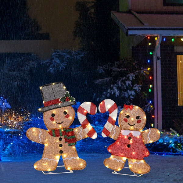 "Holiday Cheer Duo – Lighted Gingerbread Man & Candy Cane with 80 Warm LEDs"