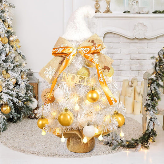 24 - Inch Snowy Christmas Tree. Golden Balls, Ribbons & Festive Hat