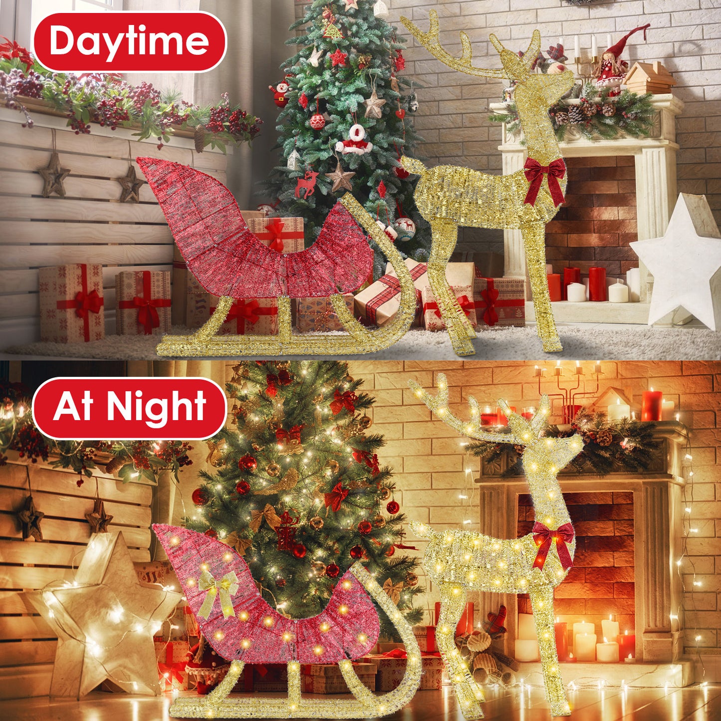 “Lighted Christmas Reindeer & Sleigh Decoration – Indoor/Outdoor Holiday Display with 8 Lighting Modes – Limited Stock!”