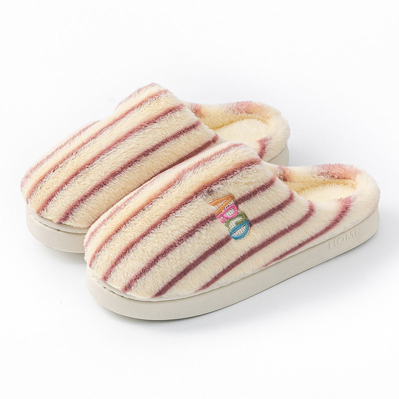 Winter Plush Home Slippers – Solid Color Striped Indoor/Outdoor Shoes