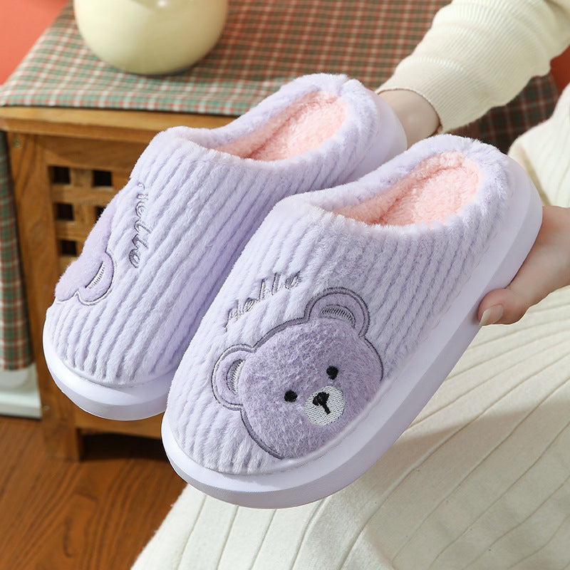 Cartoon Bear Plush Cotton Slippers – EVA Thick‑Soled Indoor Shoes