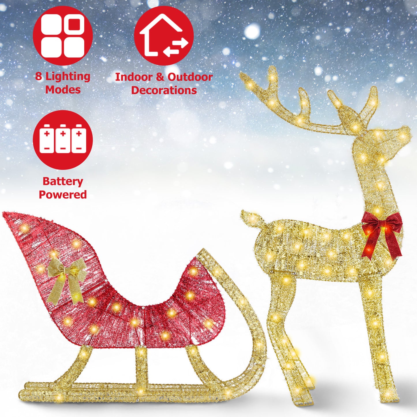 “Lighted Christmas Reindeer & Sleigh Decoration – Indoor/Outdoor Holiday Display with 8 Lighting Modes – Limited Stock!”