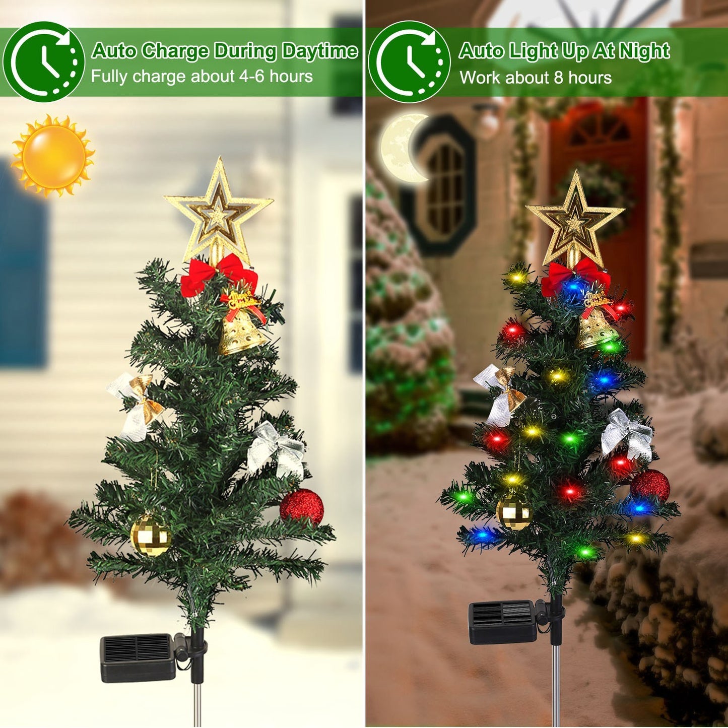 4Packs Solar Christmas Tree Lights – 20LEDs Garden Stake Lamps with Constant & Flashing Modes