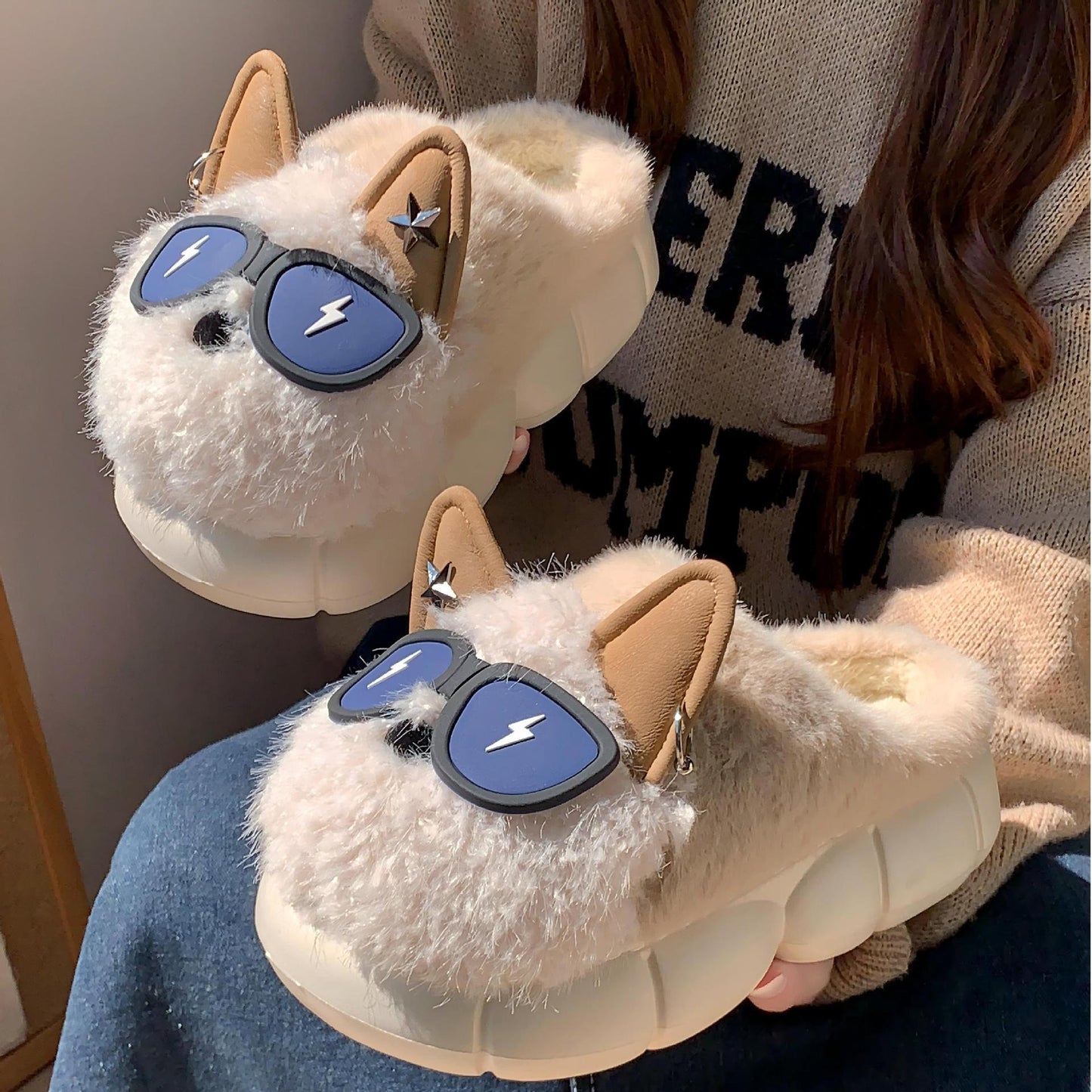 Women’s Thick‑Soled Puppy Cotton Slippers – Non‑Slip Indoor Shoes
