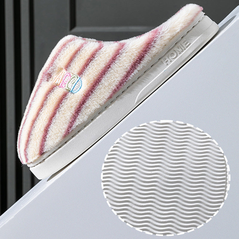 Winter Plush Home Slippers – Solid Color Striped Indoor/Outdoor Shoes