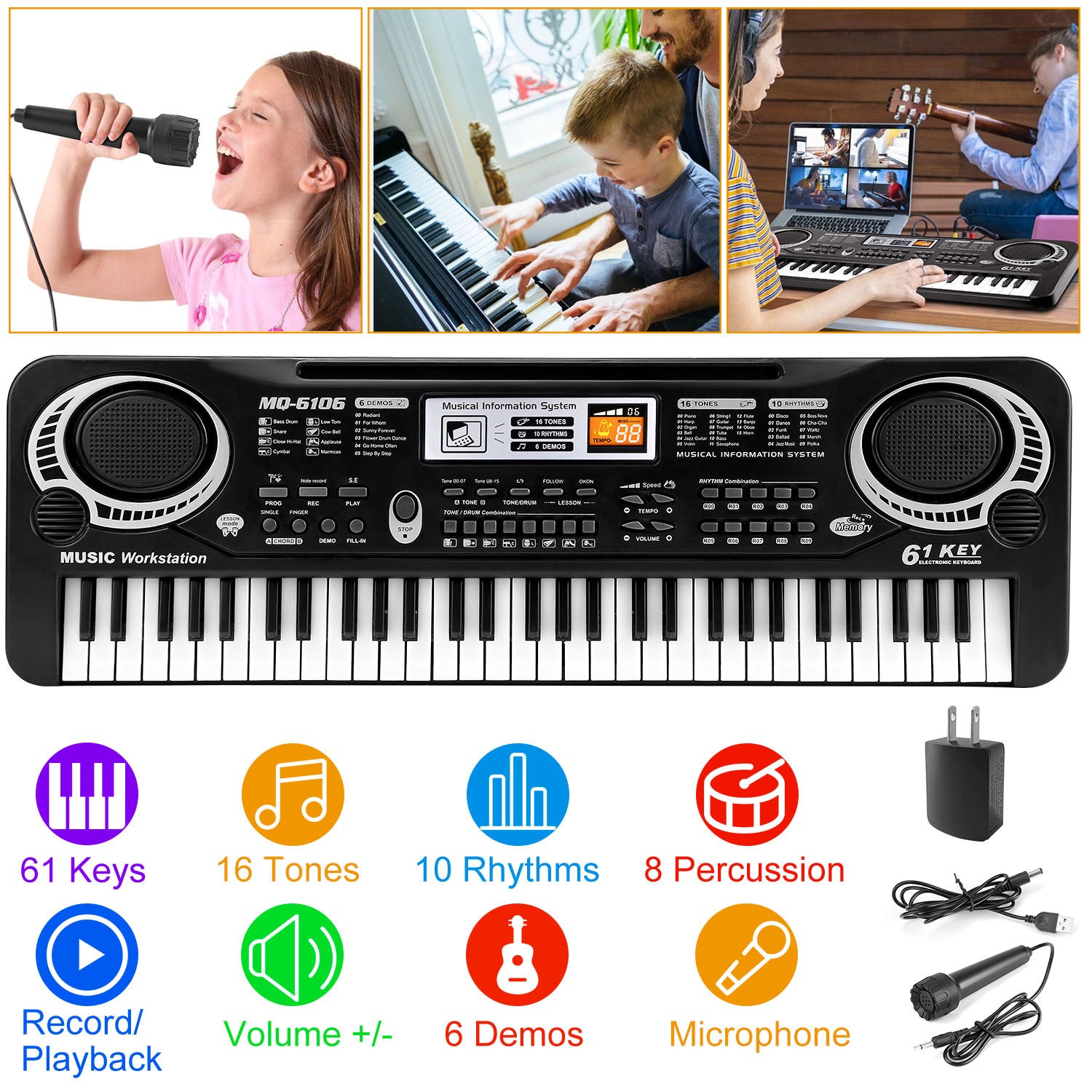 61-key electronic keyboard with accessories on a white background