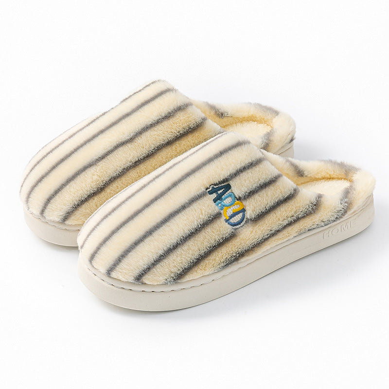 Winter Plush Home Slippers – Solid Color Striped Indoor/Outdoor Shoes