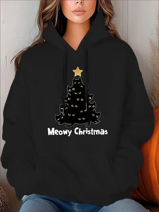 Black hoodie with a Christmas tree design and 'Meowy Christmas' text, worn by a person.