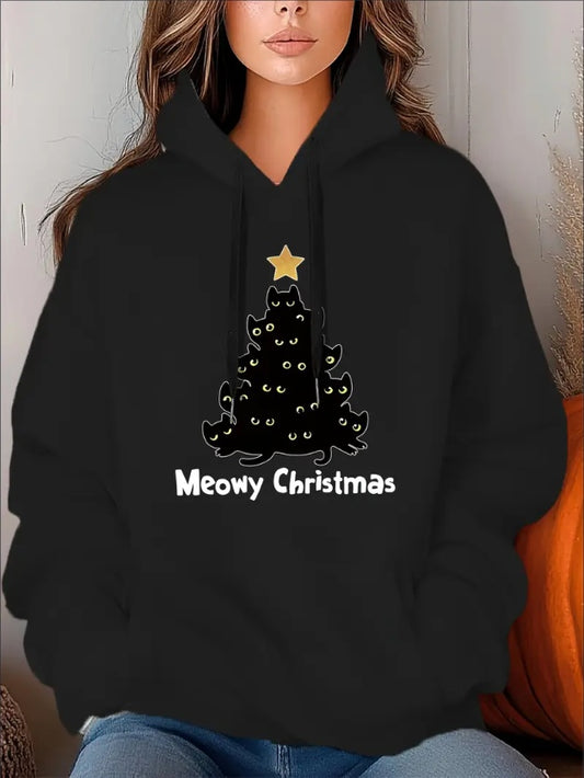 Black hoodie with a Christmas tree design and 'Meowy Christmas' text, worn by a person.