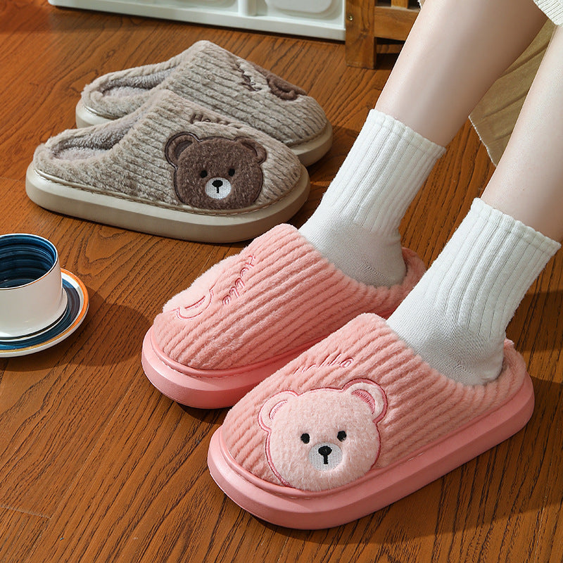 Cartoon Bear Plush Cotton Slippers – EVA Thick‑Soled Indoor Shoes