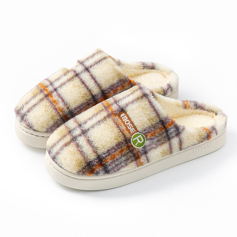 Women’s Plush Warm Non‑Slip Plaid Cotton Slippers