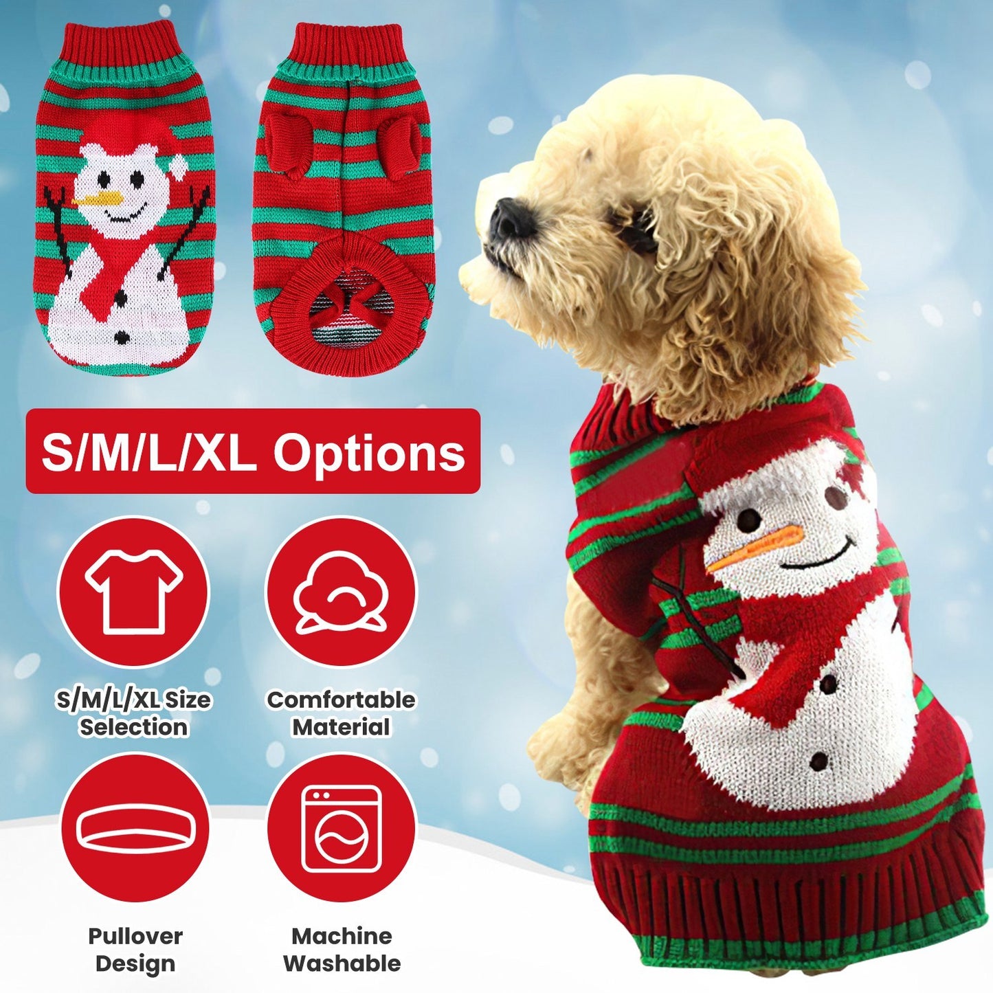“Pet Christmas Turtleneck Sweater – Snowman & Stripes, 2 Patterns, 4 Sizes”