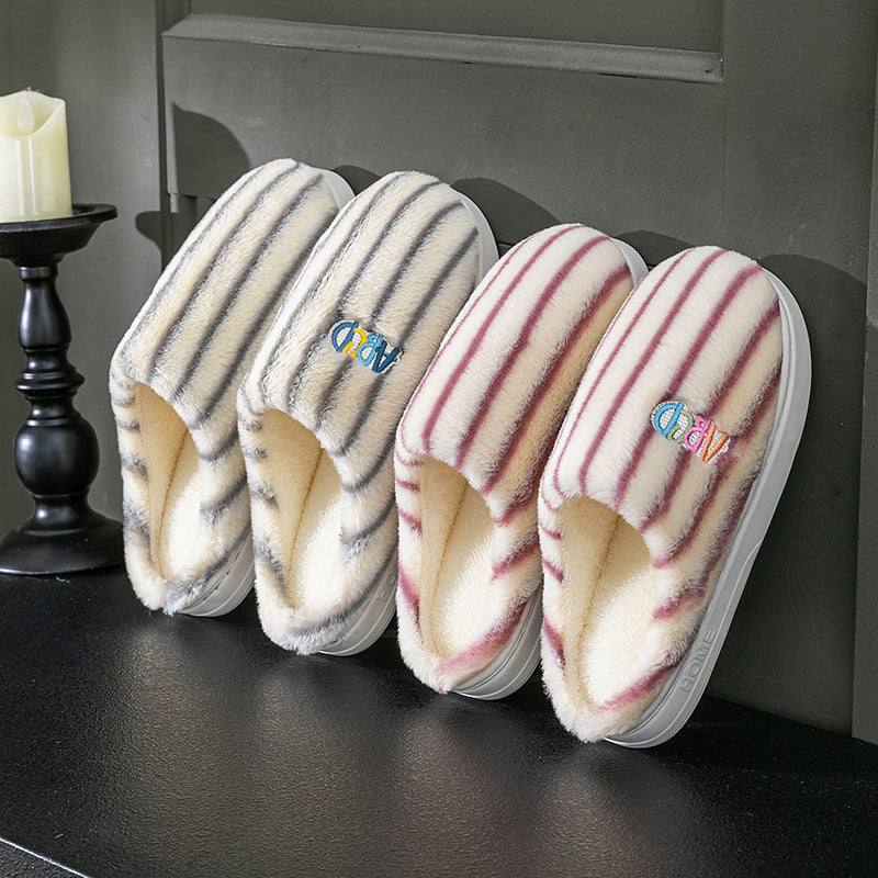 Winter Plush Home Slippers – Solid Color Striped Indoor/Outdoor Shoes
