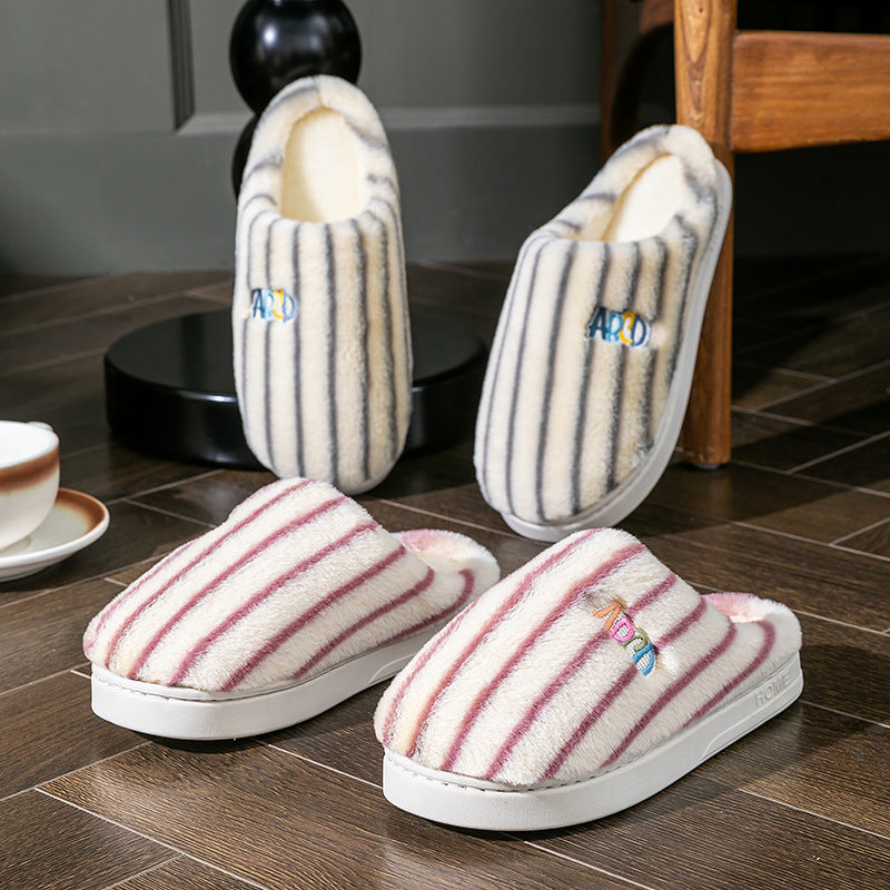 Winter Plush Home Slippers – Solid Color Striped Indoor/Outdoor Shoes