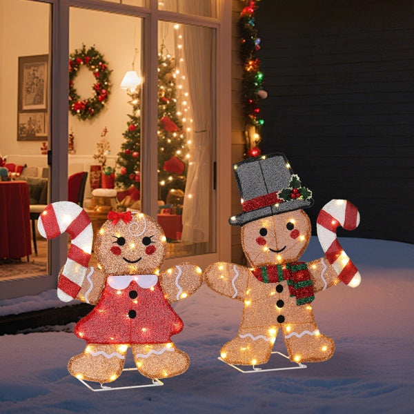 "Holiday Cheer Duo – Lighted Gingerbread Man & Candy Cane with 80 Warm LEDs"