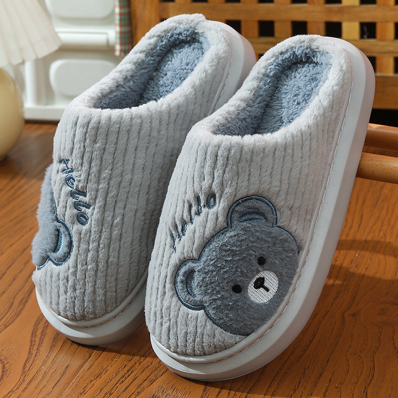 Cartoon Bear Plush Cotton Slippers – EVA Thick‑Soled Indoor Shoes