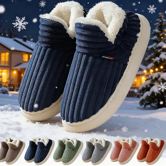 Winter Plush Home Slippers – Solid Color Striped Indoor/Outdoor Shoes