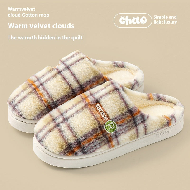 Women’s Plush Warm Non‑Slip Plaid Cotton Slippers