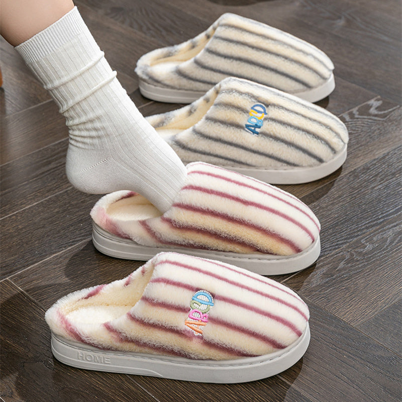 Winter Plush Home Slippers – Solid Color Striped Indoor/Outdoor Shoes