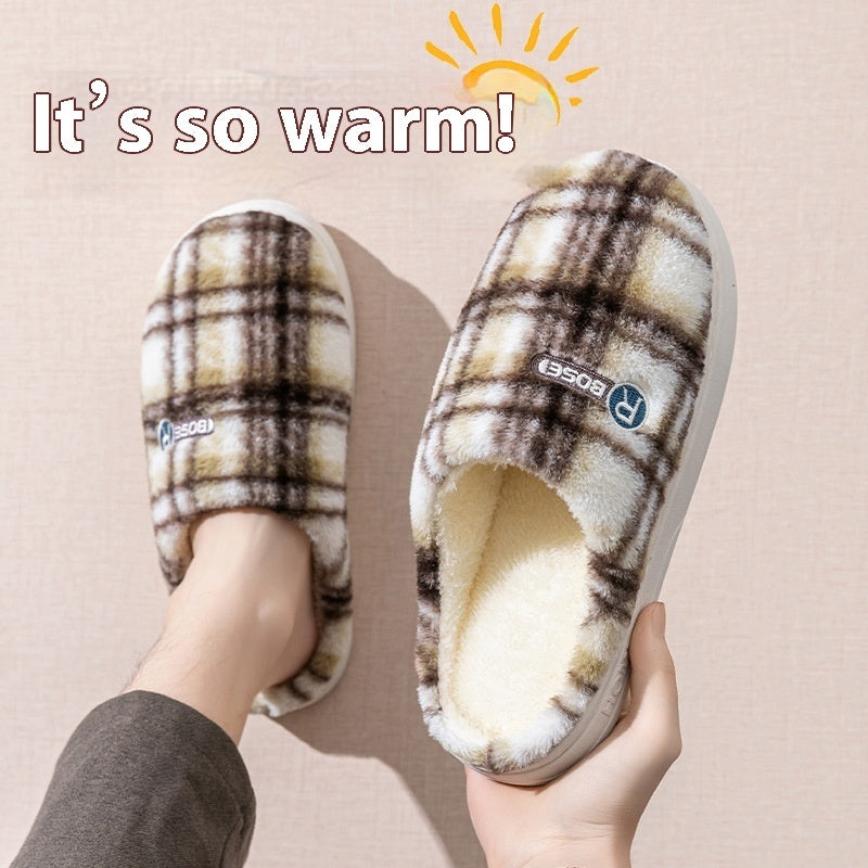 Women’s Plush Warm Non‑Slip Plaid Cotton Slippers