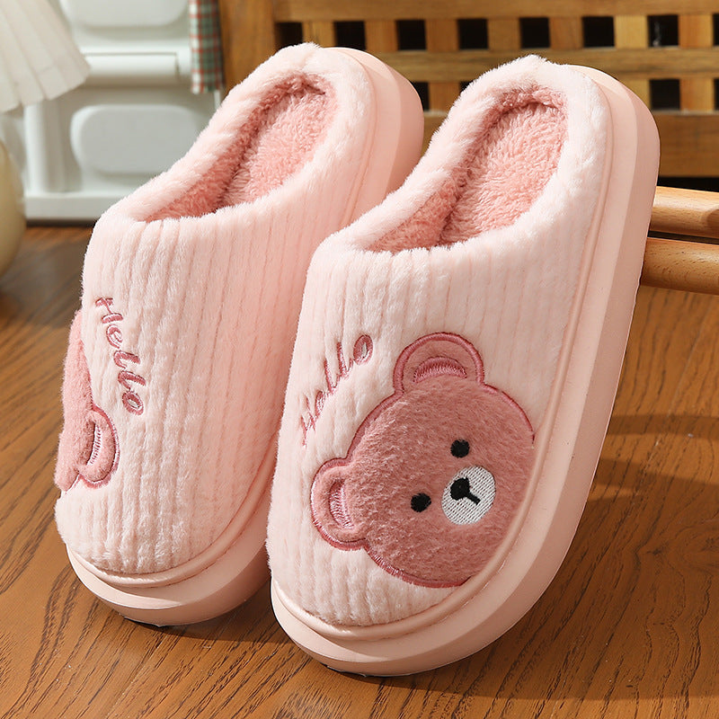 Cartoon Bear Plush Cotton Slippers – EVA Thick‑Soled Indoor Shoes