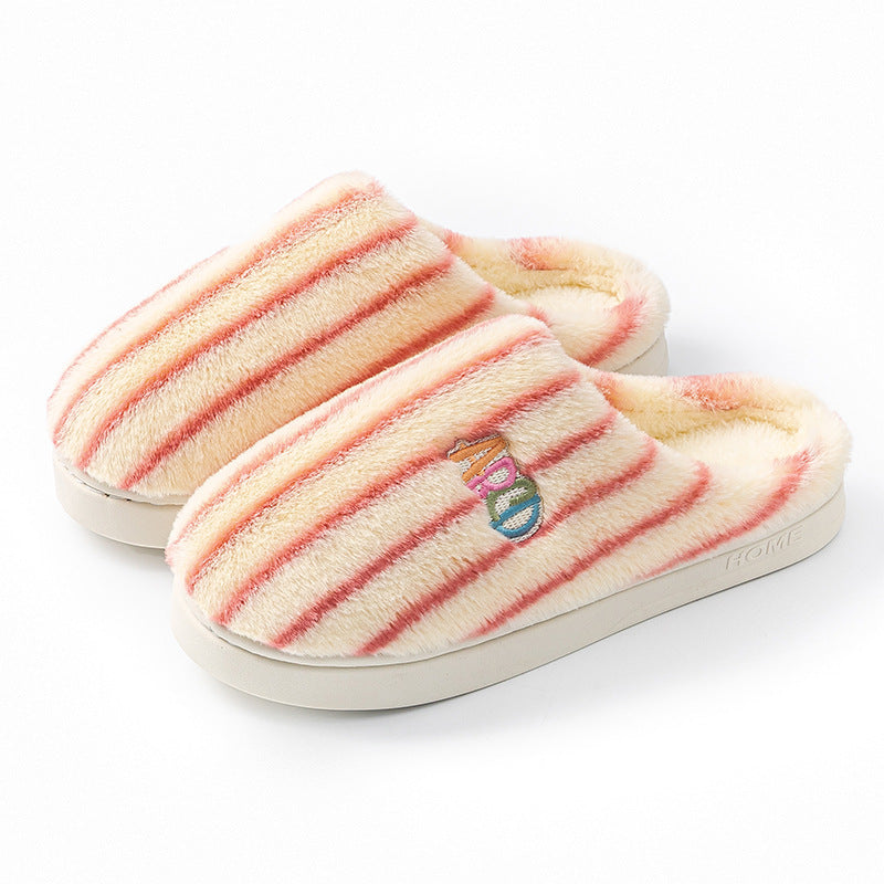 Winter Plush Home Slippers – Solid Color Striped Indoor/Outdoor Shoes