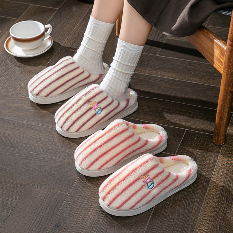 Winter Plush Home Slippers – Solid Color Striped Indoor/Outdoor Shoes