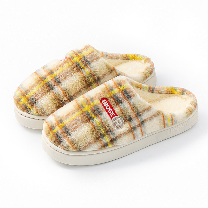 Women’s Plush Warm Non‑Slip Plaid Cotton Slippers