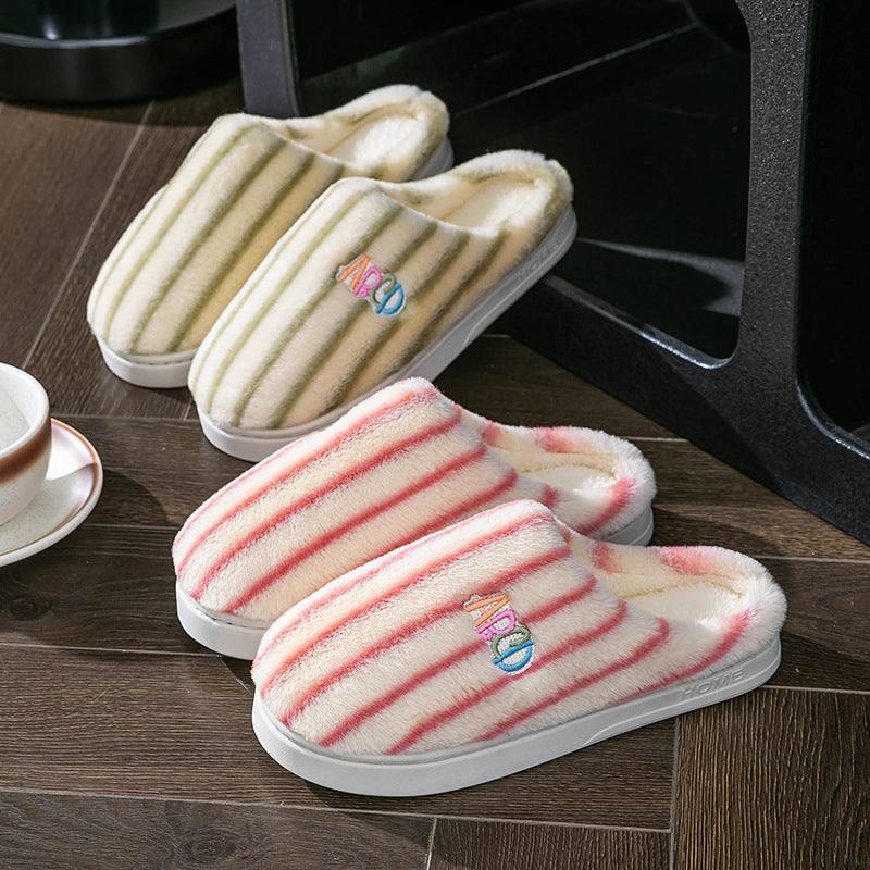 Winter Plush Home Slippers – Solid Color Striped Indoor/Outdoor Shoes
