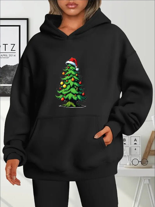 “Dooleck Oversized Christmas Tree Hoodie for Women – Festive Knit Pullover”